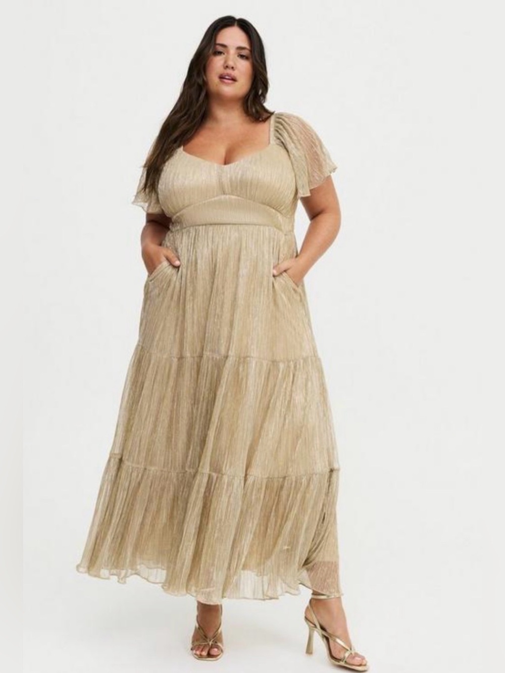 Torrid Glitter Flutter Sleeve Tiered Maxi Dress Gold 0 L 12 party holiday - Picture 1 of 8